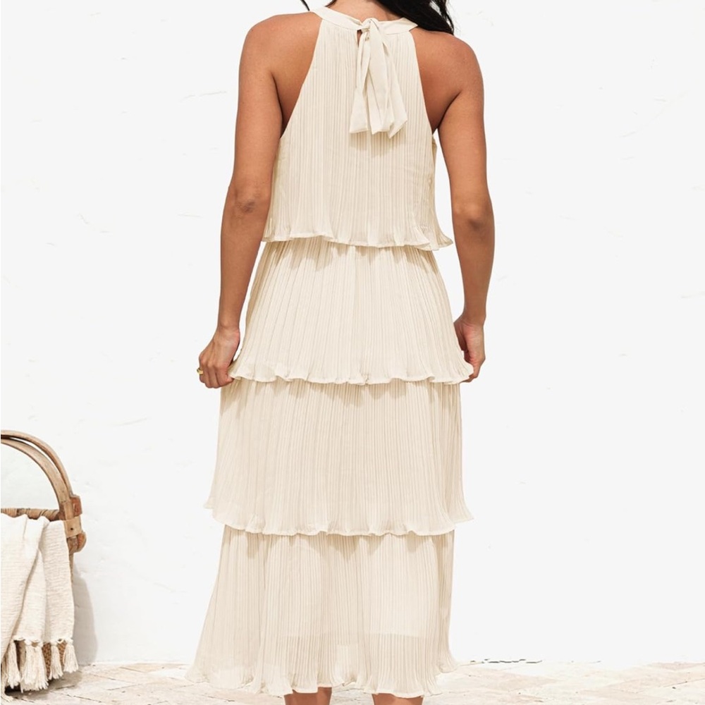 cream sleevless halter neck ruffle tiered tie pleated midi dress